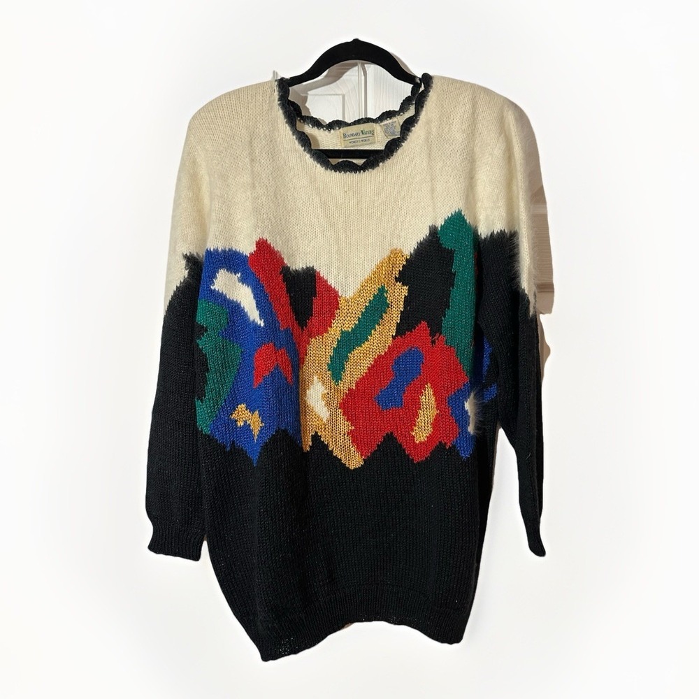 VTG Boundary Water 80s Color Block Angora Wool Blend Knit Pullover Sweater XL
